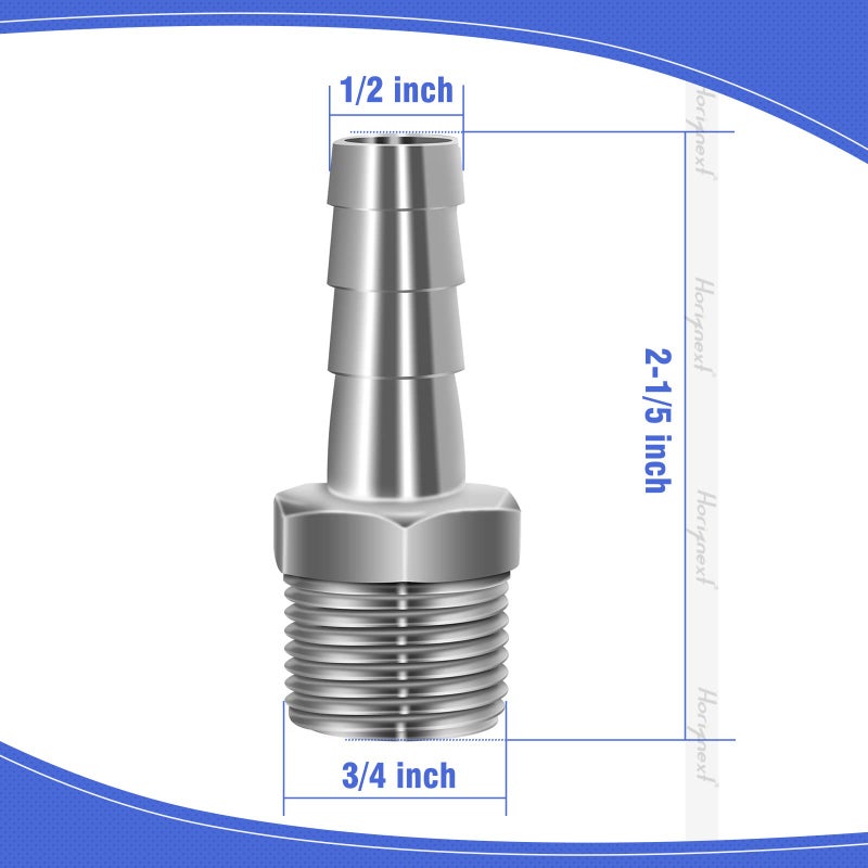 Horiznext 304 Stainless Steel 1/2" Barb Hose to 1/2 NPT Home Brew pipe barbed nipple Fitting. Pack of 4 - Image 2